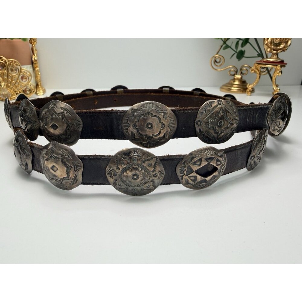 Vintage Native American Sterling Concho Belt Signed Hand Stamped Leather Long - Picture 3 of 16